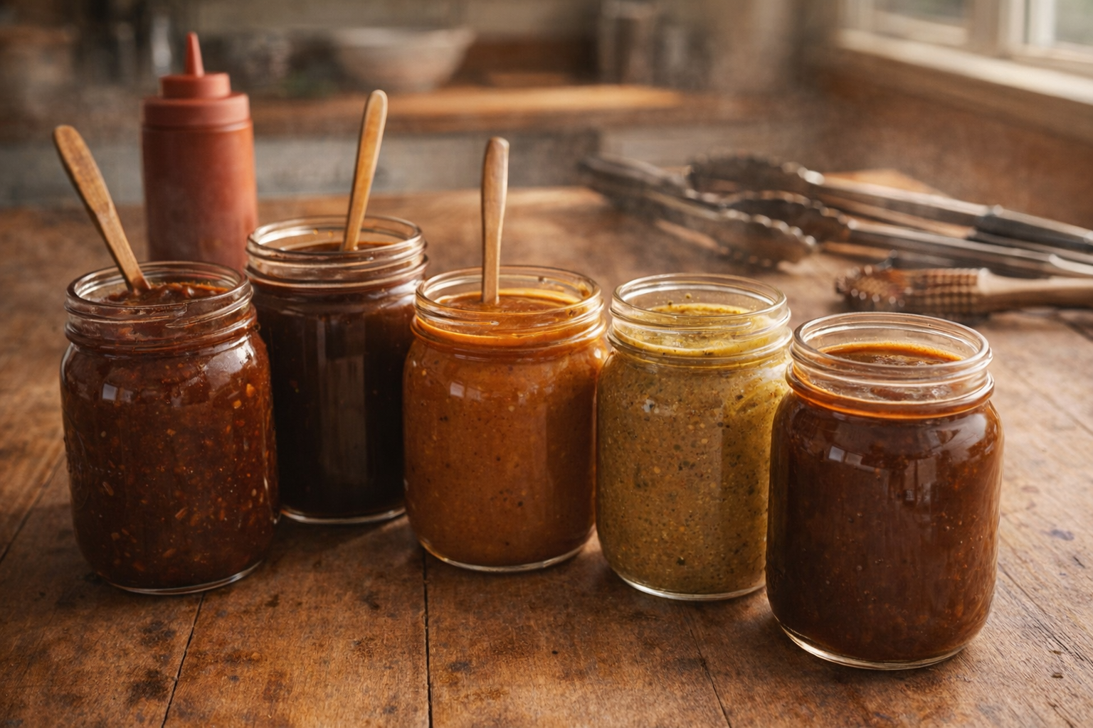 A vibrant array of homemade BBQ sauces in glass jars, showcasing different colors and textures, arranged on a rustic wooden table with grilling tools in the background, warm afternoon lighting